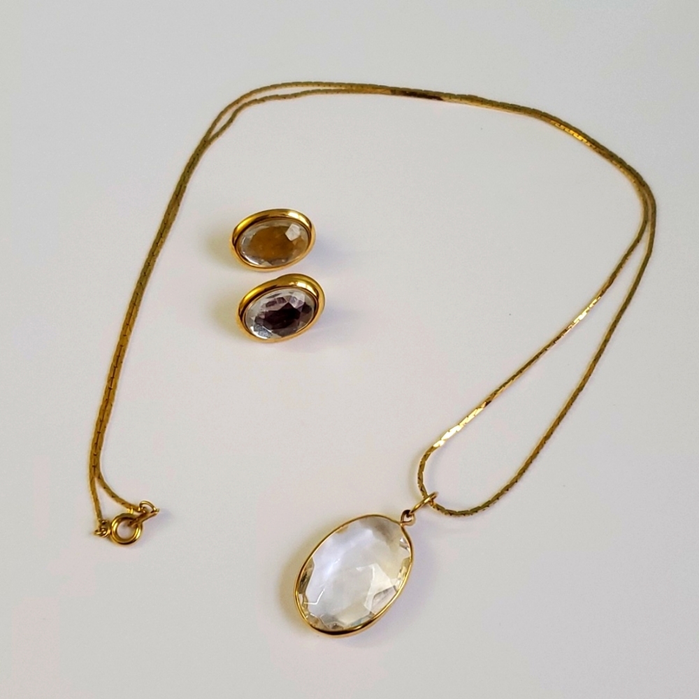 Vintage Gold Necklace with Clear Oval Crystal Pendant